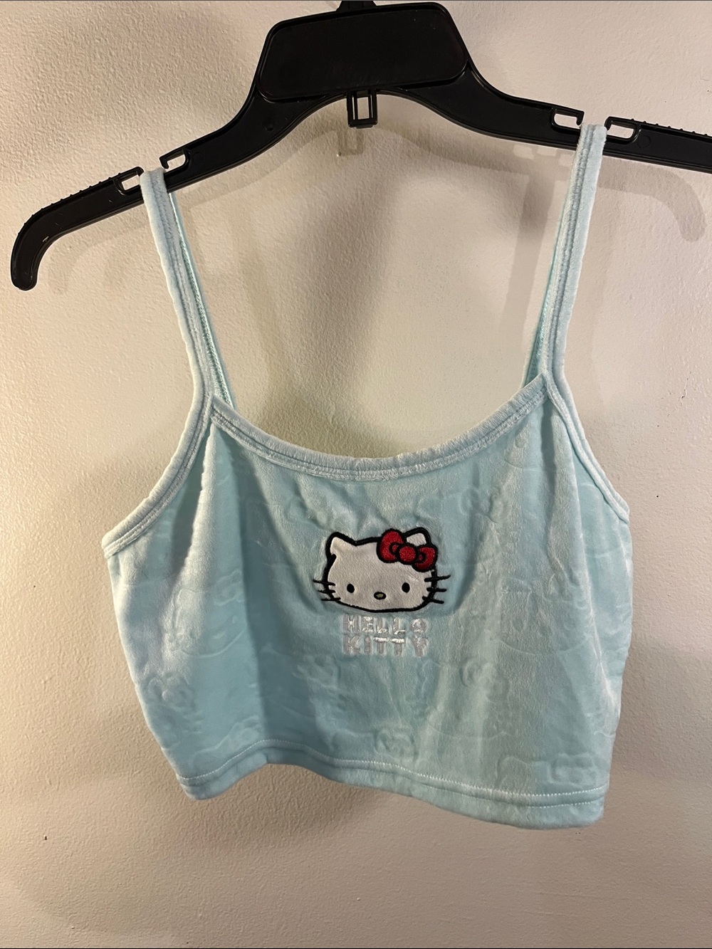 Hello Kitty Light Blue Velvet Crop Top with Red Bow Embroidery